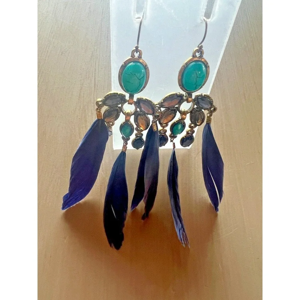 Boho Western Feather Earrings Turquoise Look Stone Chandelier Dangle‎ Cowgirl
